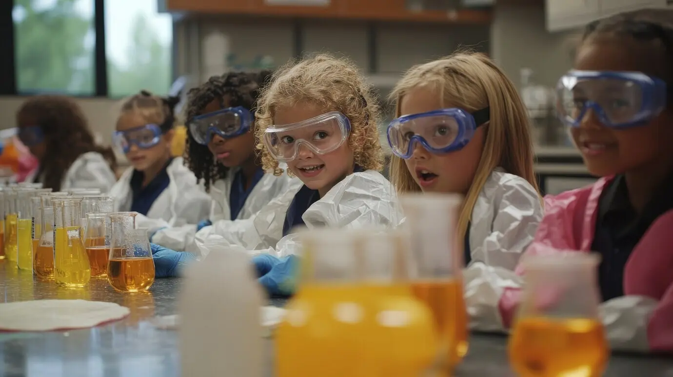 Вид на детей, которые учатся в лаборатории в День науки.